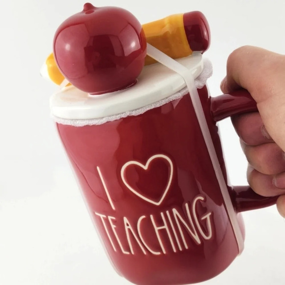 ⭐️2/ $60⭐️ Rae Dunn Artisan Coffee Mug & Topper Red Large Letters I ❤️ TEACHING - Picture 2 of 11